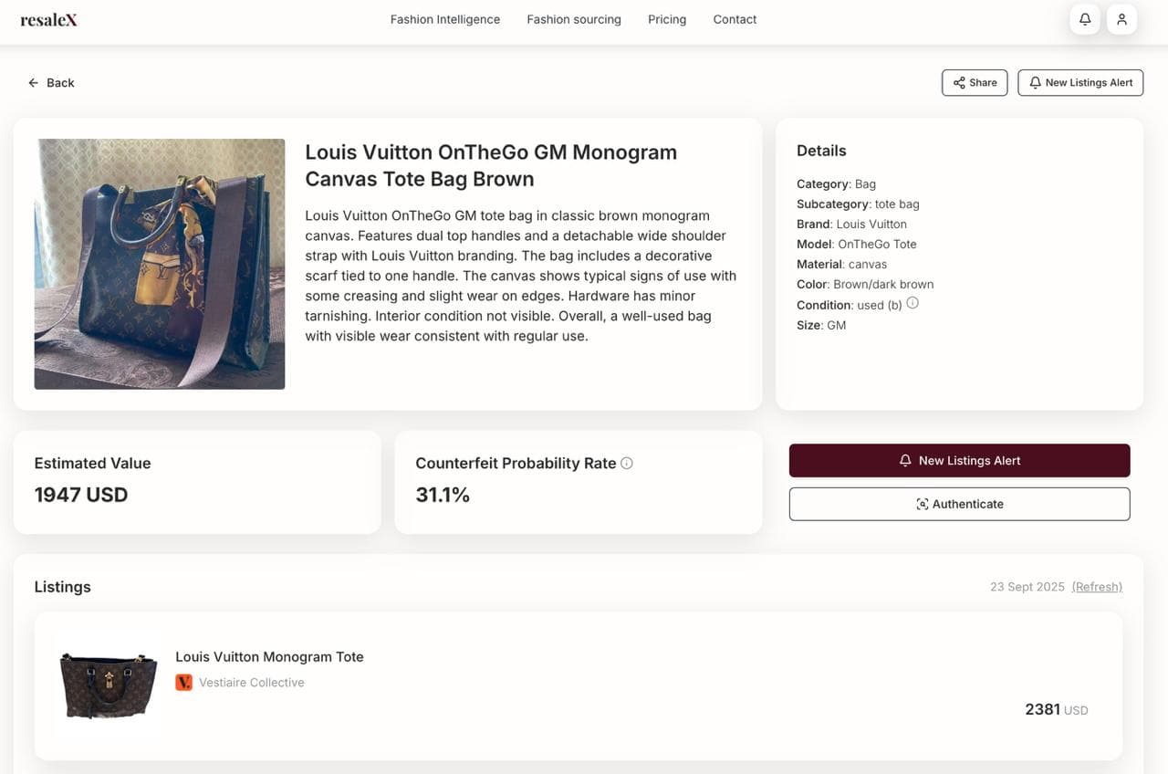 Resale-X — item details / pricing / counterfeit probability UI