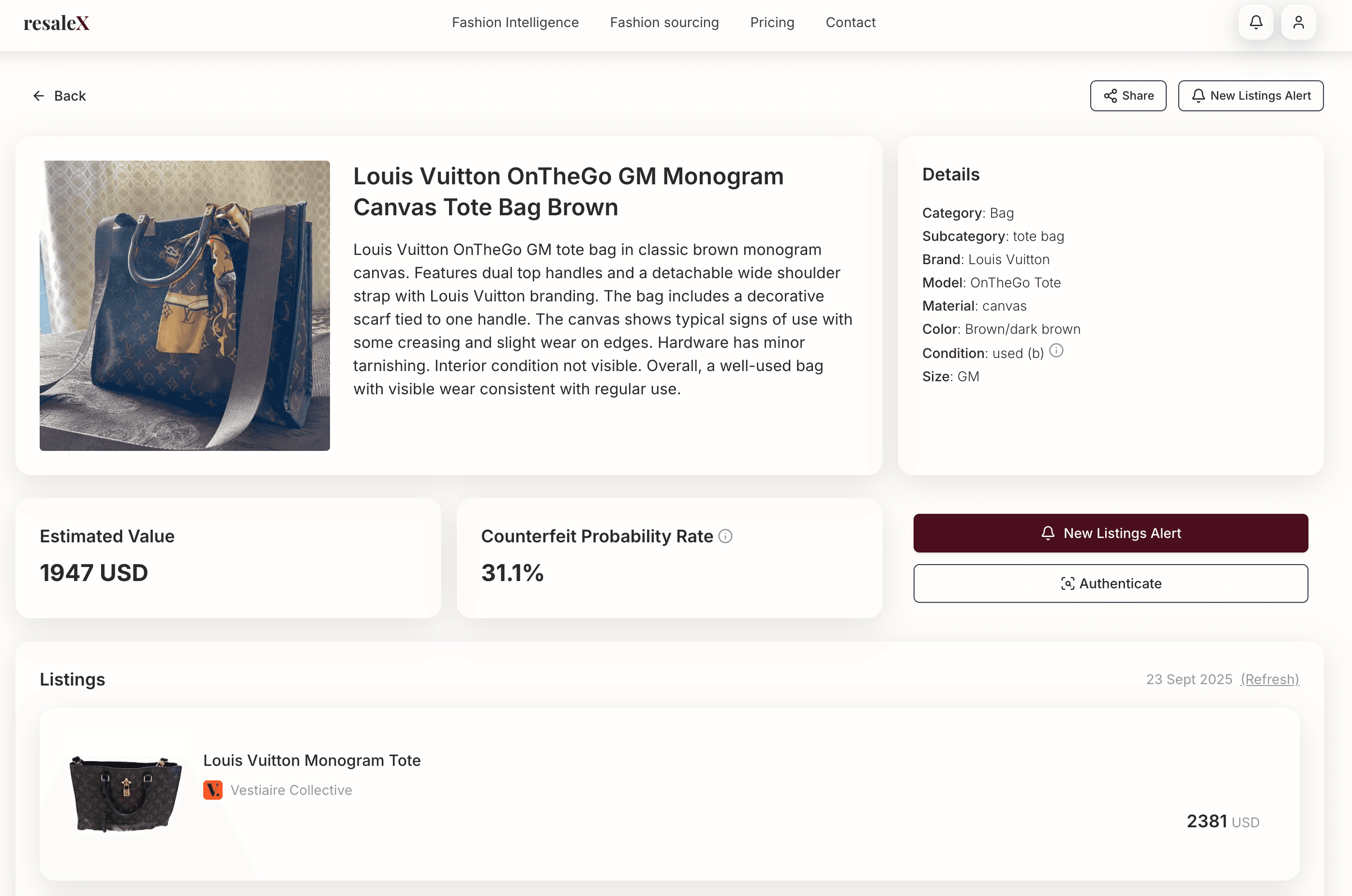 Resale-X — item page with valuation and counterfeit probability