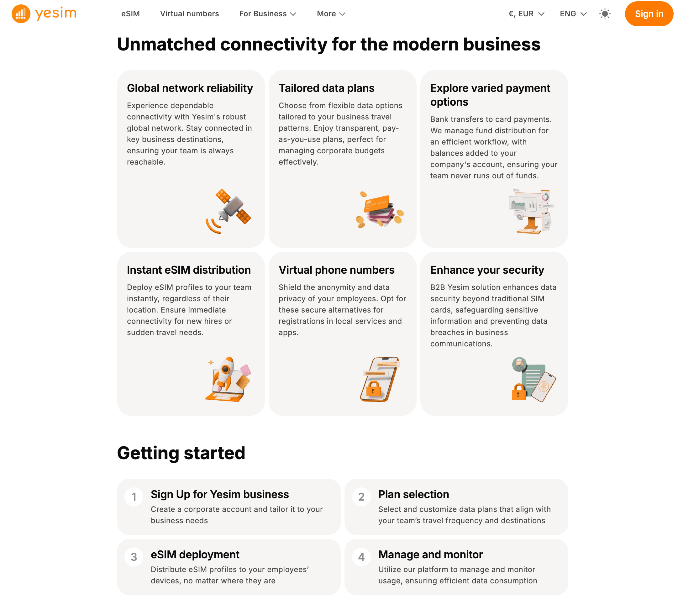 Yesim — business product page (features and getting started)